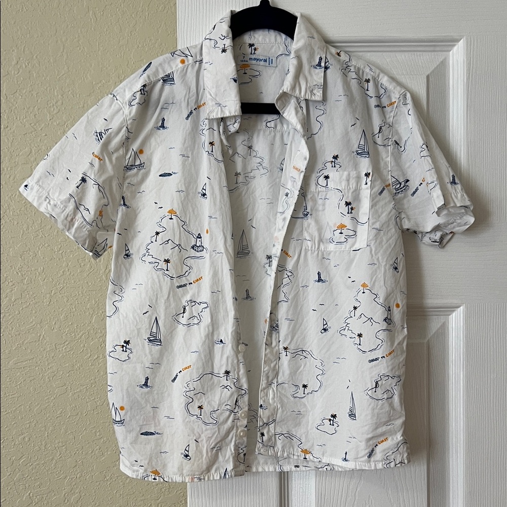 Mayoral White Shirt with Blue and Yellow Accents
